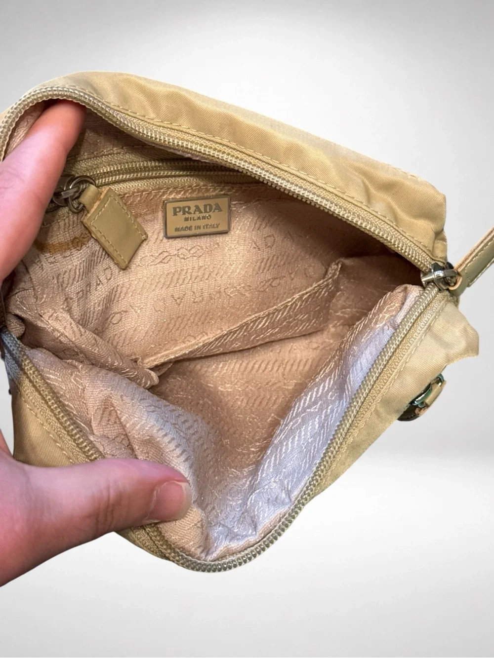 PRADA Authentic Nylon Cosmetic Pouch Beige Zip Makeup Travel Toiletry Bag